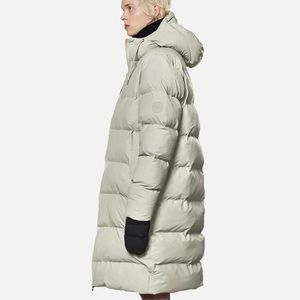 RAINS Waterproof Long Puffer Coat in Cement